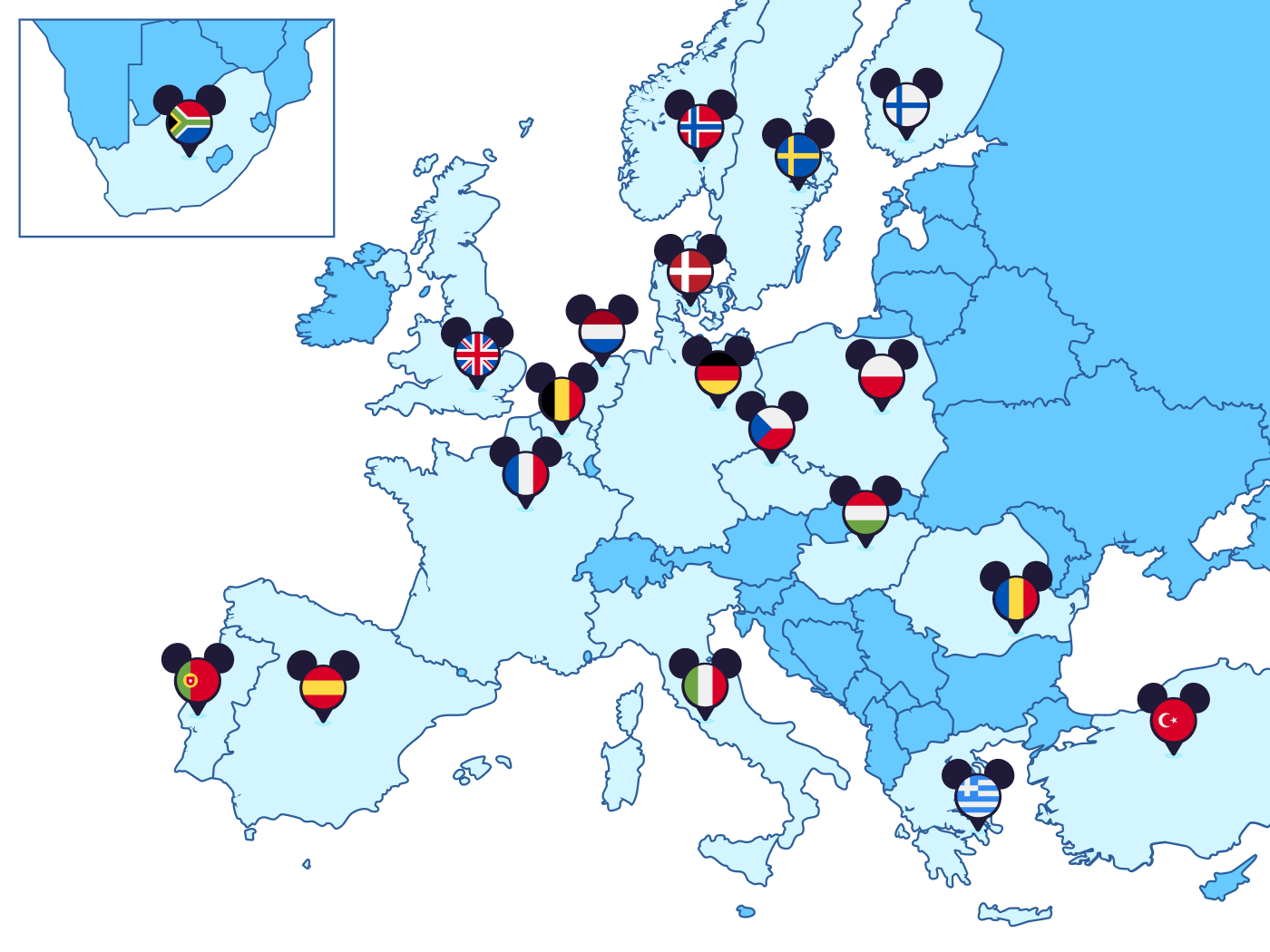 Map of hospitals where Disney work with MediCinema in EMEA