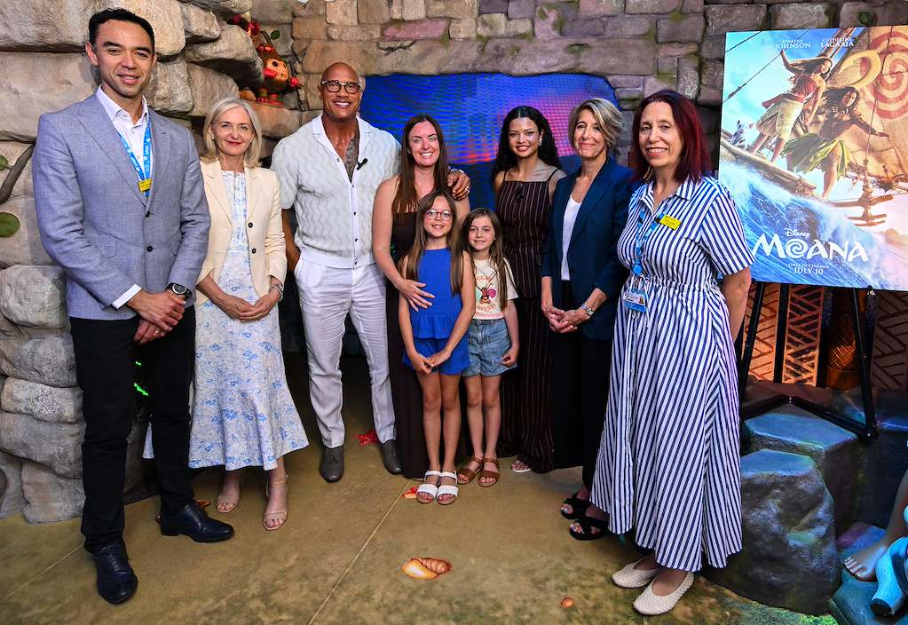 Catherine Laga'aia, Dwayne Johnson, GOSH family Sophie, Bella and Luna, Deborah Armstrong, Karl Munslow-Ong, Sarah Bissell, and Tracy Luckett at the Disney Reef